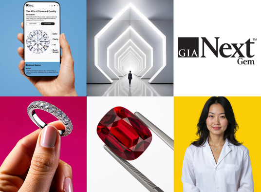 GIA NextGem — collage showing mobile app, architectural hallway, GIA NextGem logo, diamond ring, ruby gemstone, and GIA graduate